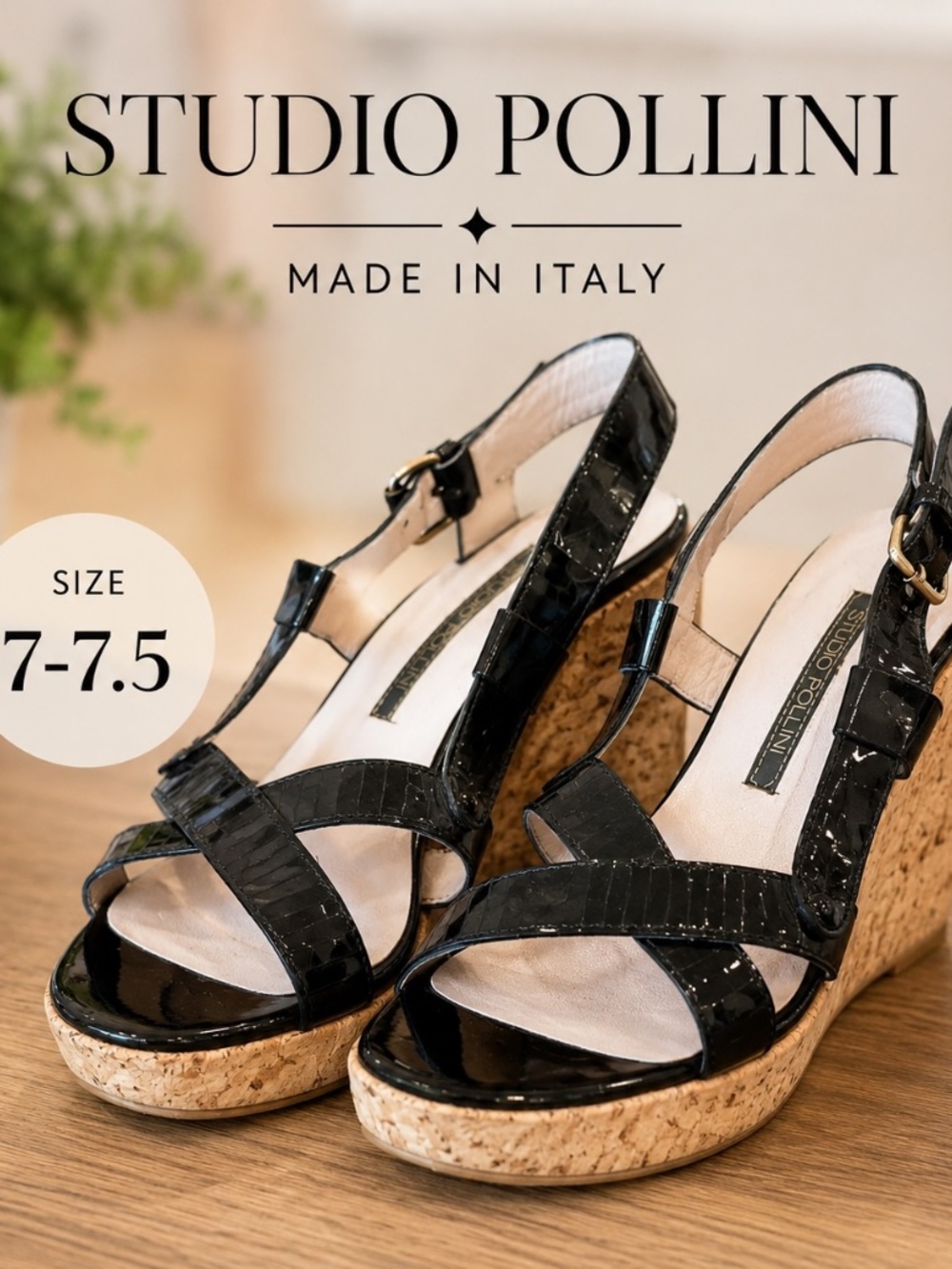 Studio Pollini Black Patent Leather Cork Wedge Sandals Made in Italy US7-7.5